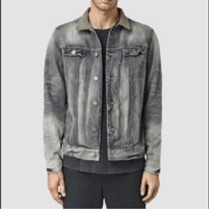 All Saints Trooper Denim Jacket Suede Collar Distressed Gray Size L